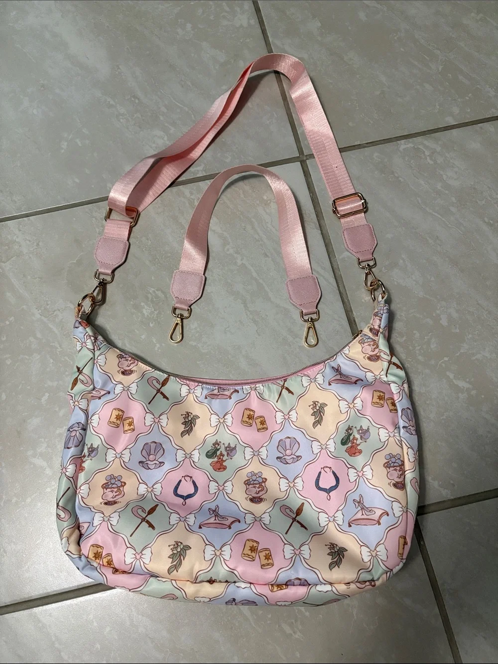 Pastel Pink Patterned Shoulder Bag with Removable Straps